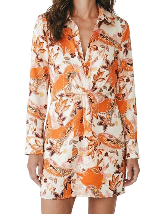 Sweet Lemon Dresses & Skirts - SWEET LEMON Orange Floral Collared Long Sleeve V-Neck Mini Dress - Size Small